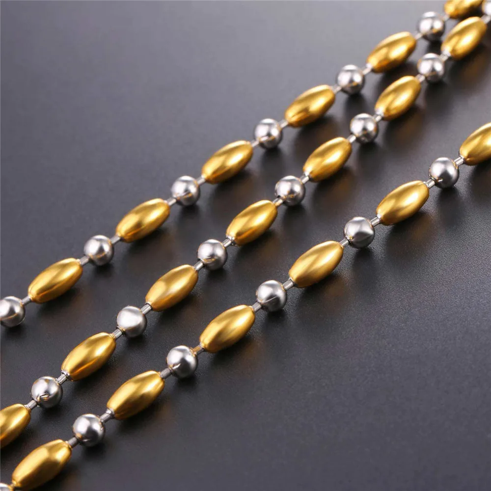 U7 Комбинированный Нержавеющая Сталь Рисовые Бусина Цепочки На Шею Ожерелье 5 мм