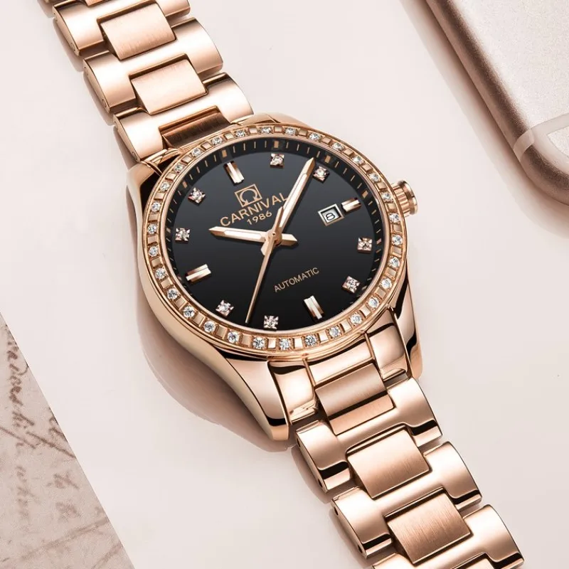 Rose gold Women Watches Top brand luxury CARNIVAL Automatic Watch Women Calendar Sapphire Waterproof Luminous Montre femme 2018