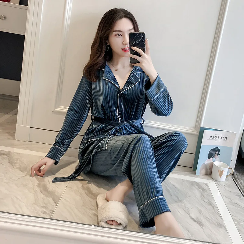 Gray Womens 2pcs Sleep Top Pants Suit Robe Bath Gown Sleepwear Sets Casual Pajamas Autumn Velour Home Wear Nightwear M L XL | Женская