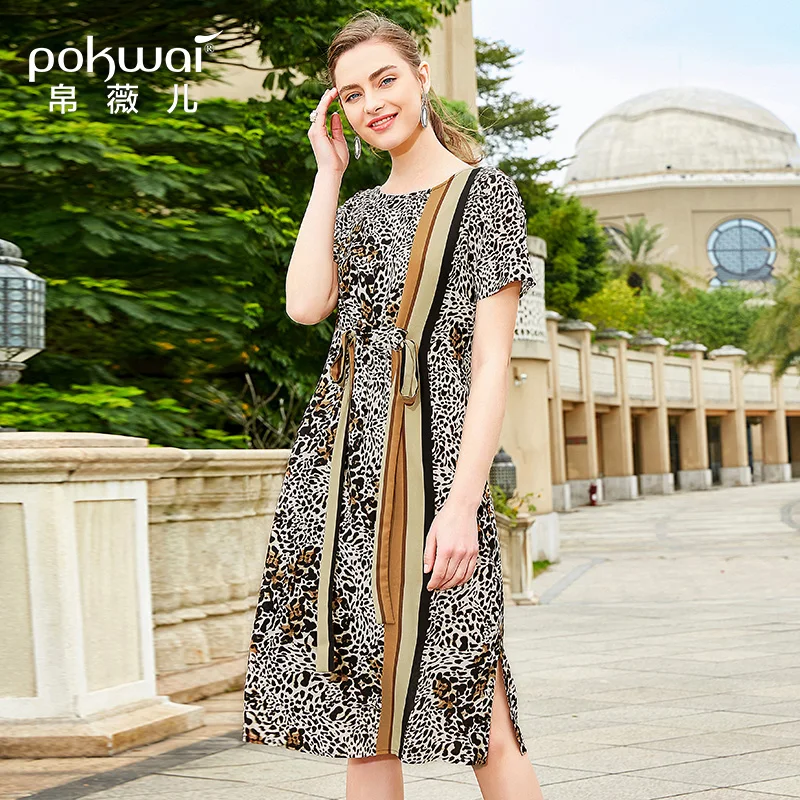 POKWAI женское платье с коротким рукавом новинка 2019 высокой талией отстрочкой