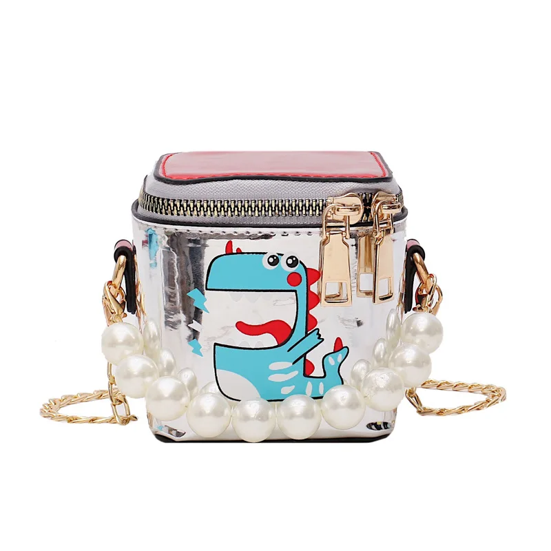 

Cute Shoulder Bag Dinosaur Painting Laser Leather Mini Bucket Bag Pearl Chain Single Crossbody For Young Girls Funny Pouch