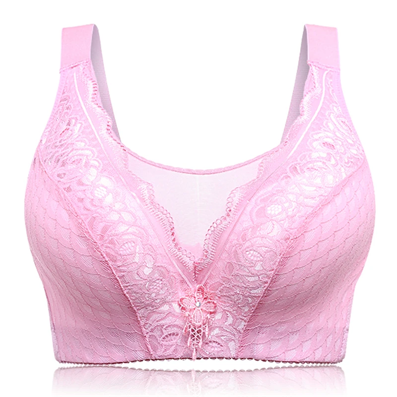 Розовый Плюс Размеры Sexy Push Up Bra для Для женщин ультра тонкий регулируемый Беспроводной бесшовные секс кружевной бюстгальтер без косточек чашки Размеры C D E бюстгальтер - Цвет: Розовый