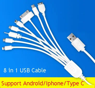 8in1 HF 10 в 1 USB зарядное устройство кабель для Ipone Ipad Android телефонов 1 м Typc C USB мульти зарядное устройство для samsung Универсальное USB зарядное устройство - Цвет: 8in1