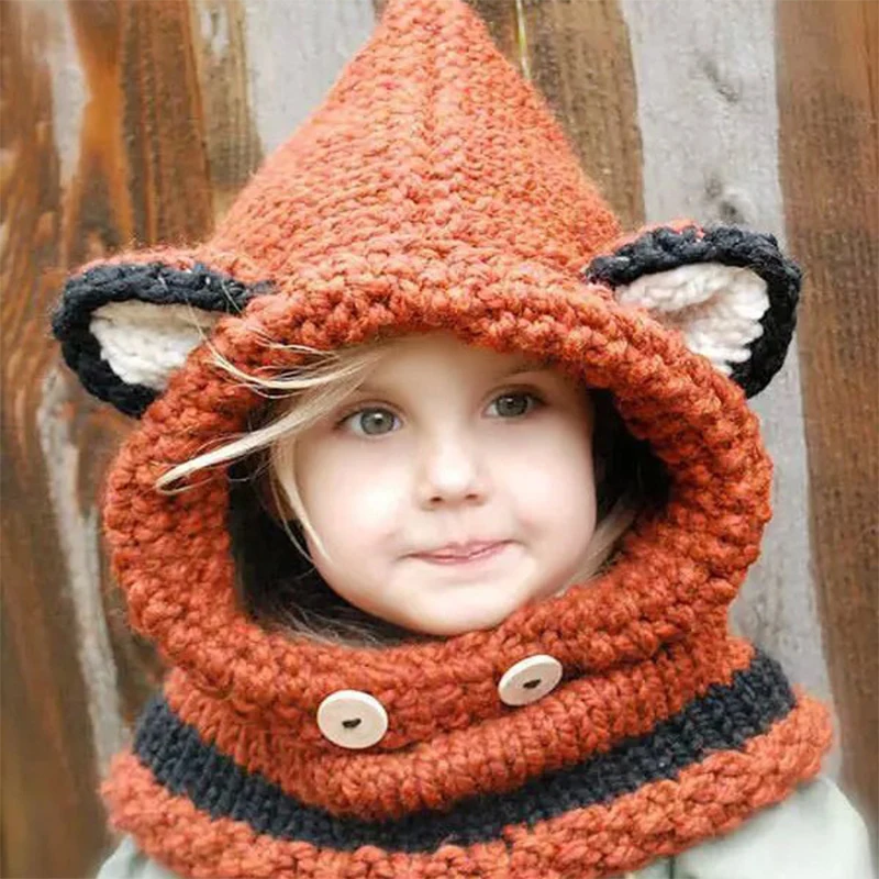 Baby Hats Winter Baby Wool Pattern Fox Cotton Crochet Hat Scarf Set Girls Cute Rabbit Fox Cotton Cap Baby Head Wear