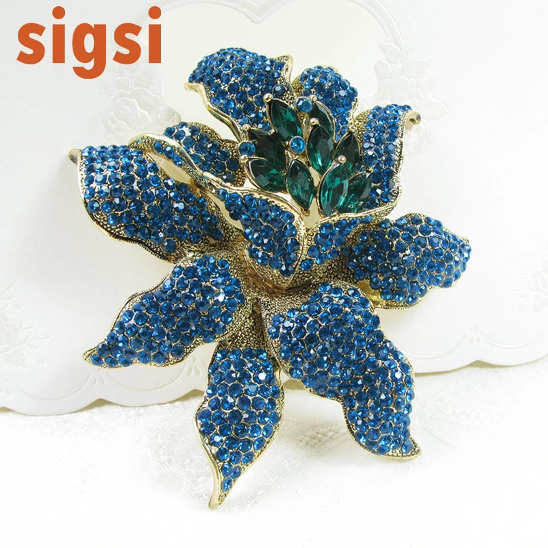 Beste Blauw Groene Orchidee Bloem Crystal Broche Vintage Bruiloft Accessoires Bruidsboeket Broche Voor Sash Gesp Decoratie 10.0 Cm * 9 Cm