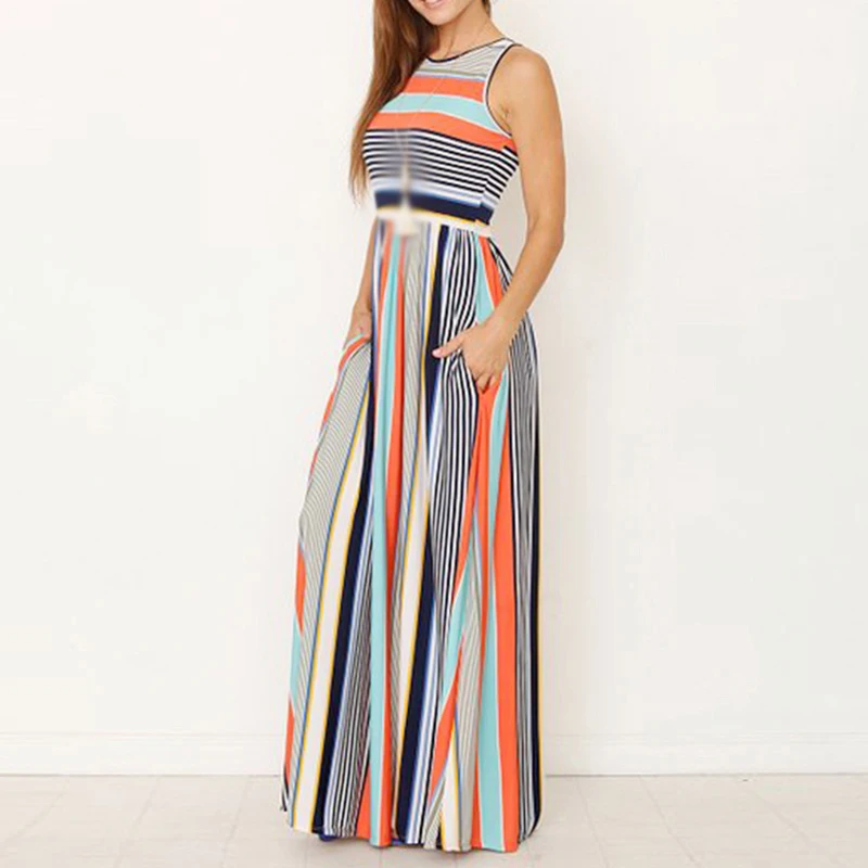 Женское Повседневное платье Элегантное летнее Полосатое без рукавов с вырезом