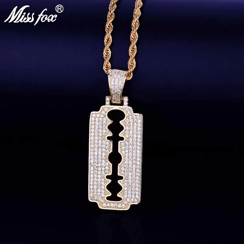 MISSFOX хип хоп бритвенные лезвия ожерелья на заказ мужские 24k Позолоченные Aaa CZ