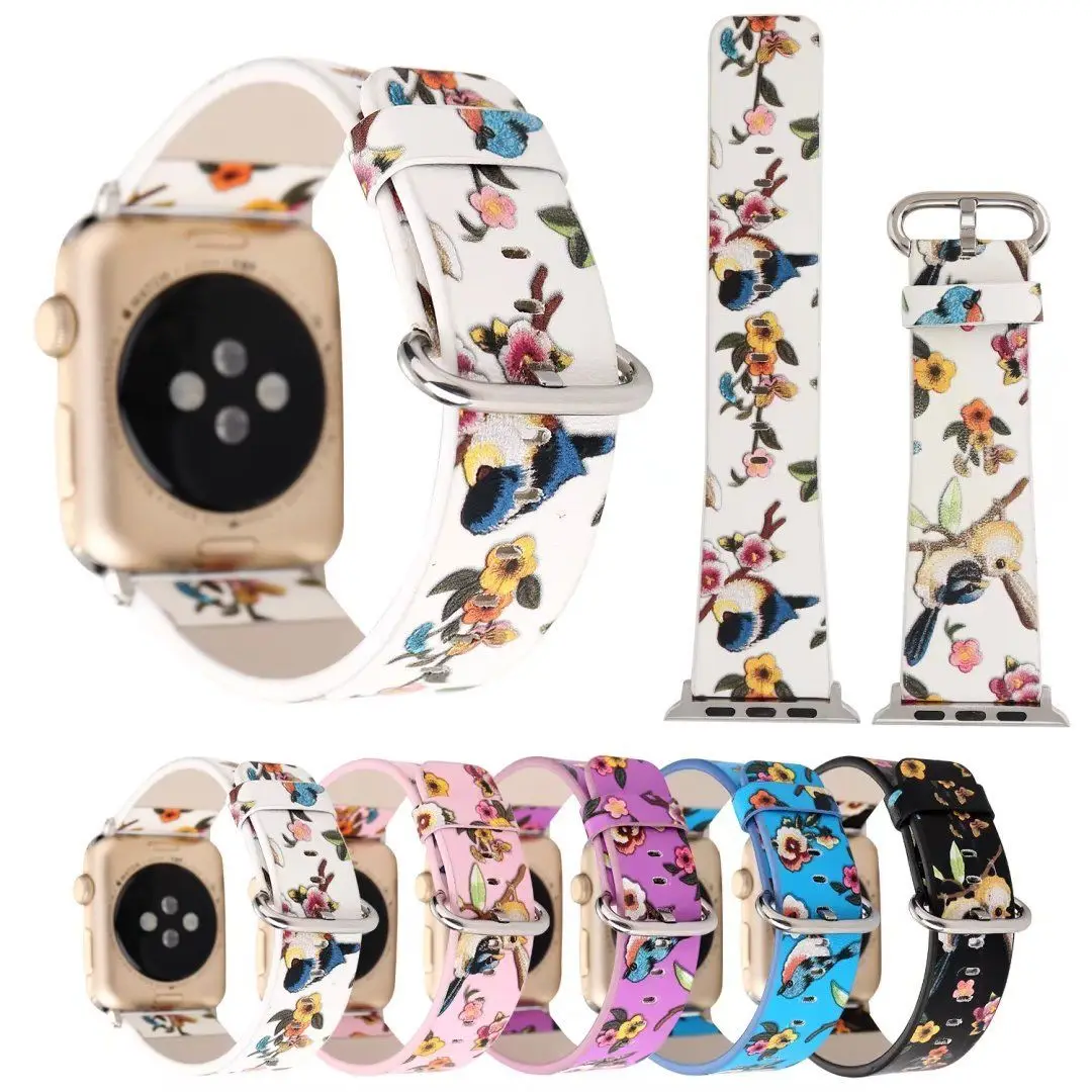 

Ремешок кожаный в цветочек для Apple Watch Series 3, браслет для народных часов, с сельским цветком, с птицей для iWatch 2 1, 38 мм 42 мм