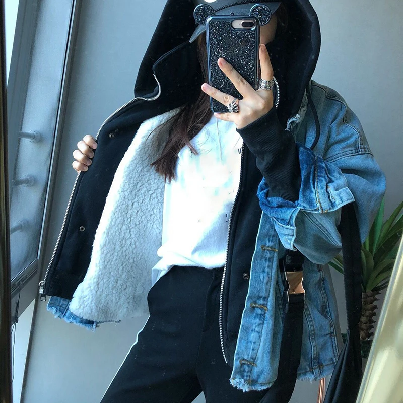 TWOTWINSTYLE/женские джинсовые толстовки из овечьей шерсти в стиле пэчворк, куртка с капюшоном, длинные рукава, толстые корейские пальто для женщин, новинка года, Осень-зима