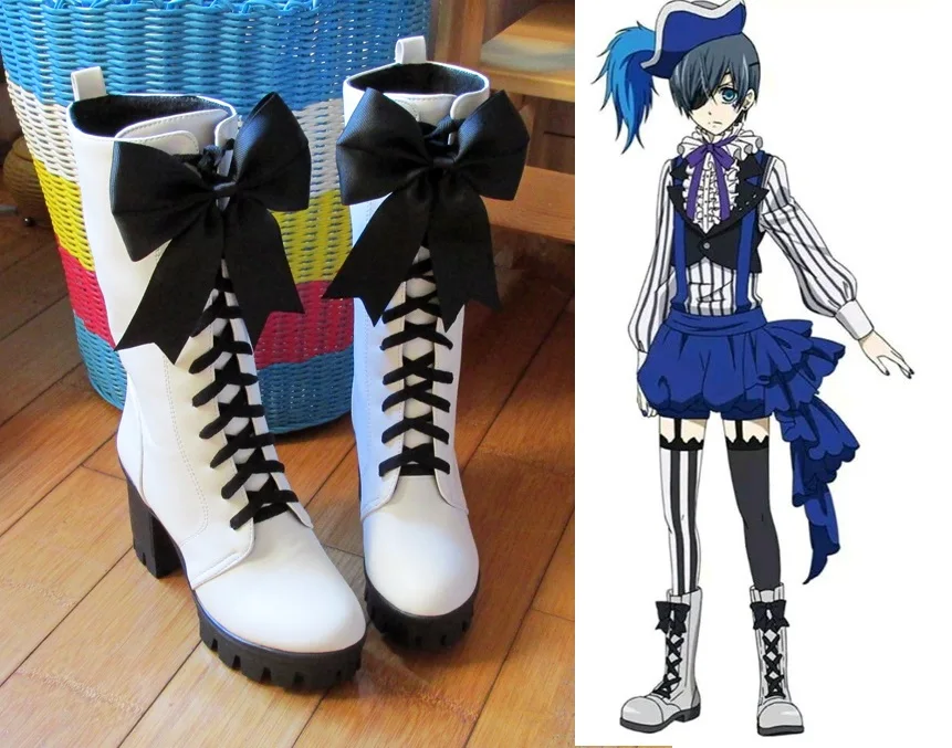 New Anime Black Butler Ciel Phantomhive Circus Cosplay Boots Lace-up High Heels Cosplay Shoes for Women/Men White Size 35-43