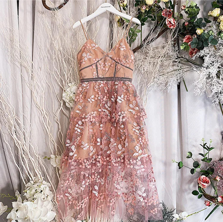 

2021 Summer Sequined Floral Embroidery Mesh Dress Sexy Strapless Long Dress Women Pink High Quality Vacation Chic Dress