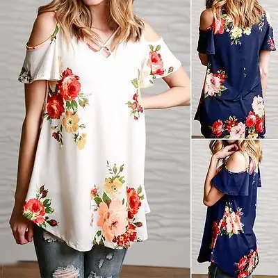 

Plus Size Womens Floral Blouses Print Flower Blouses Chiffon Loose Print Short Sleeve Ladies Casual Tops Blouse