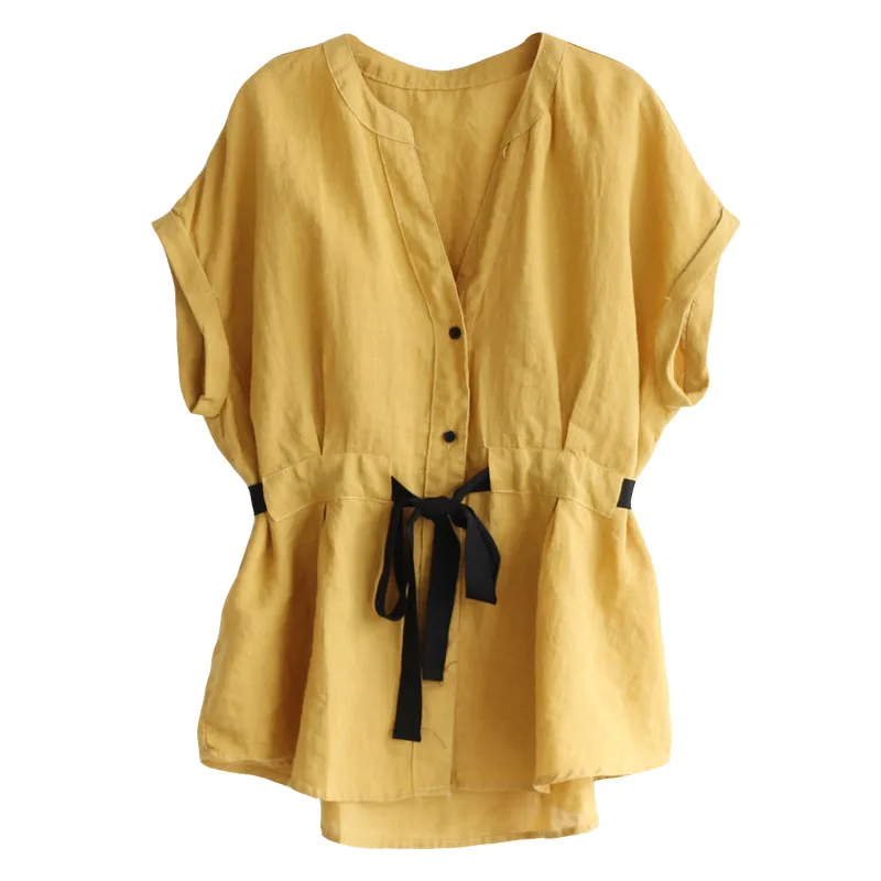 

summer new cotton v-neck slim women blouse and shirts solid bow cotton and linen short sleeved office lady shirts outwear tops