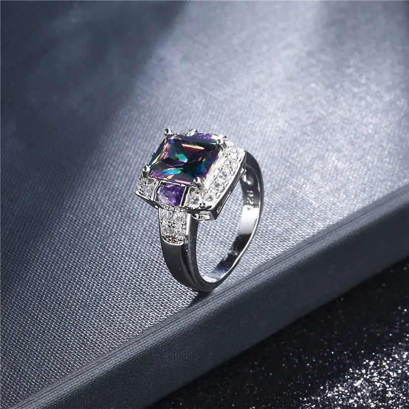 Silver Color Filled Jewelry Rainbow Square Baguette CZ Engagement Ring for Women Colorful Cubic Zirconia Eternity Band | Украшения и