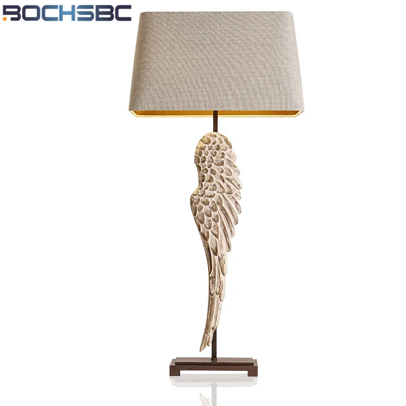 

BOCHSBC America Country Table Lamp Wooden Wings Art Design Bed Lights Fabric Lampshade Desk Lamps for Bedside Dining Living Room