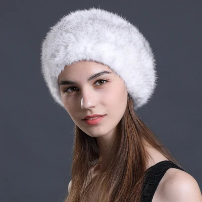 Cross Mink Женский берет, шапка из натурального меха для зимы, женские вязаные шапки из натуральной норки, берет для девушек, капот, новинка, Брендовые однотонные женские шапки, шапки - Цвет: Cross Mink