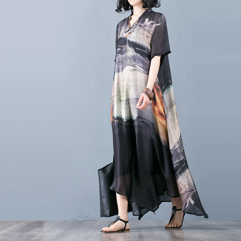 Летнее платье с v-образным вырезом большие размеры короткий рукав пейзаж картина