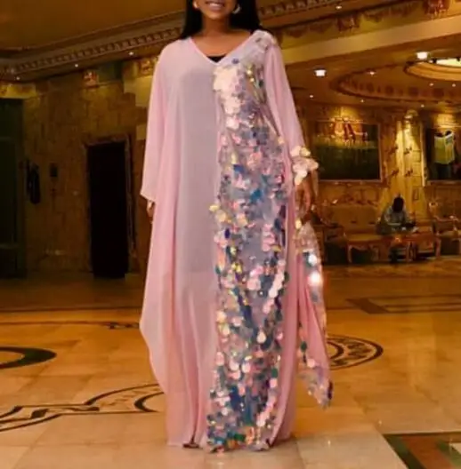 

Women's Loose Dress Pink Feather Shape Sequins Long Sleeve Split Petty Celebrity Wind