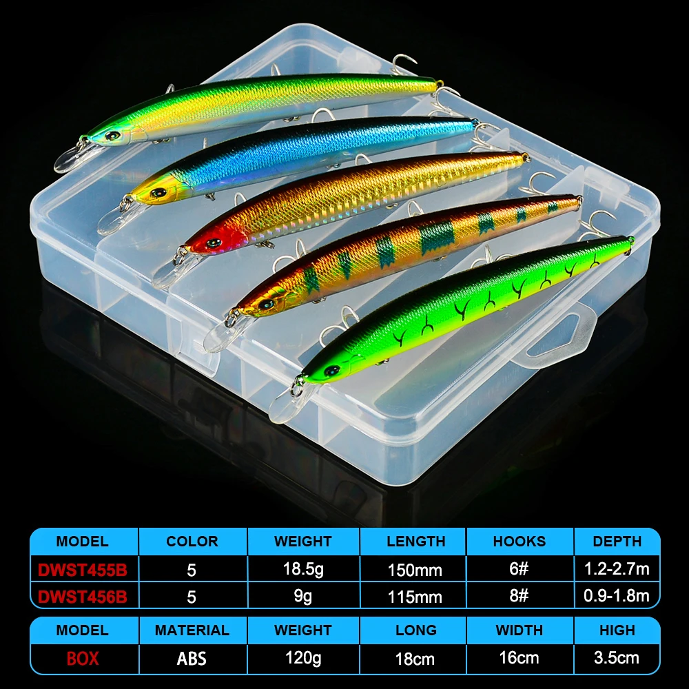 5 шт., набор рыболовных приманок Minnow, набор приманки, 18,5 г/15 см, 9 г/11,5 см, искусственные жесткие воблеры для наживки с ящиком для хранения, снасти