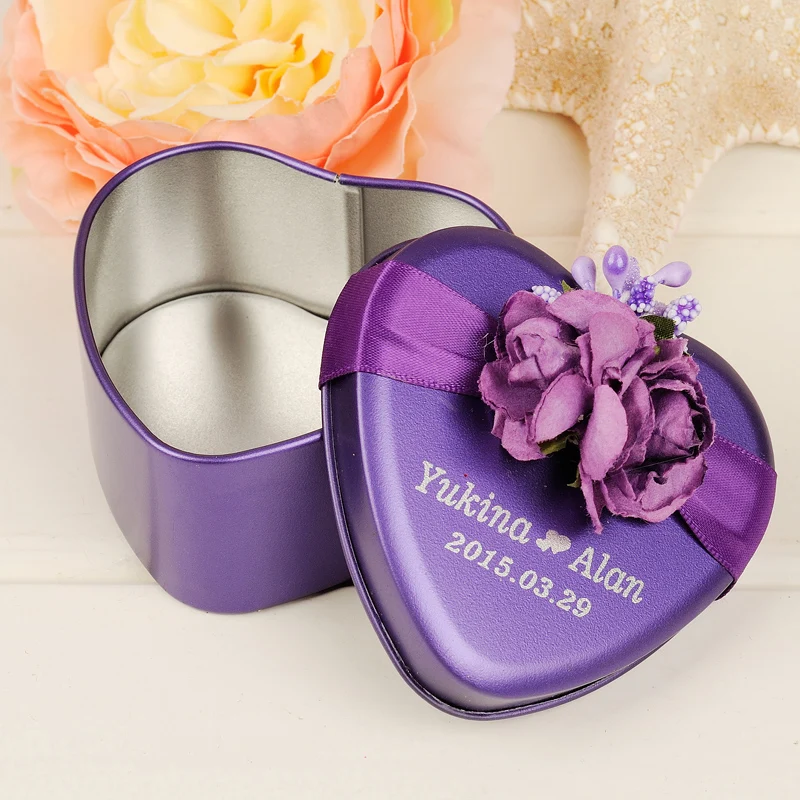 50pcs/lot 70*70*35mm Metal Candy Box Customized Name Date Wedding Birthday Chocolate Jar Personalized Heart Shape Storage | Дом и сад