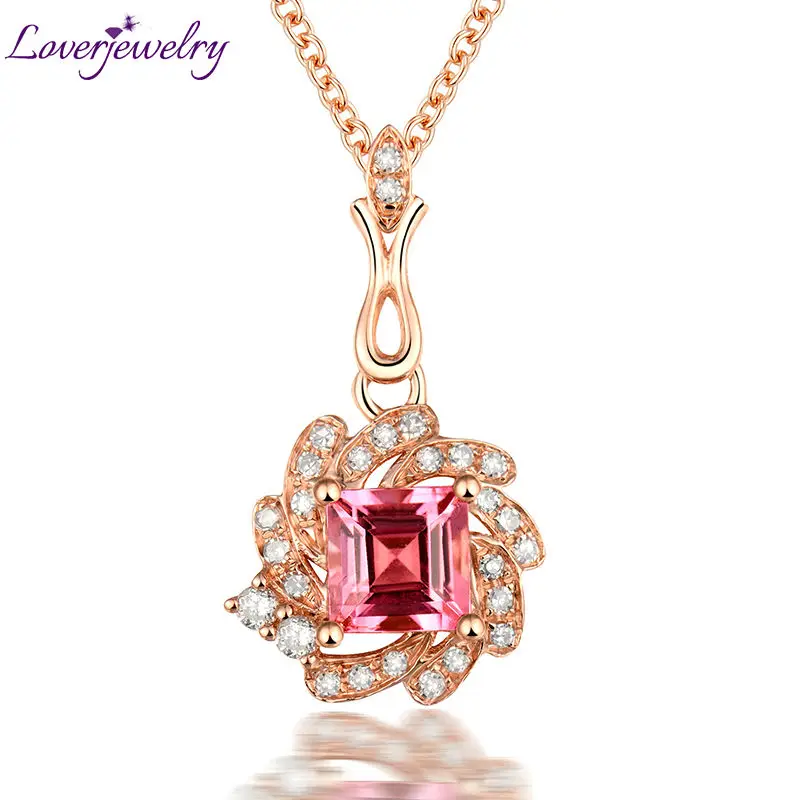 

LOVERJEWELRY Classic Pendants Lady Princess Cut Solid 18kt Rose Gold Natural Diamonds Pink Tourmaline Wedding Pendant Necklace