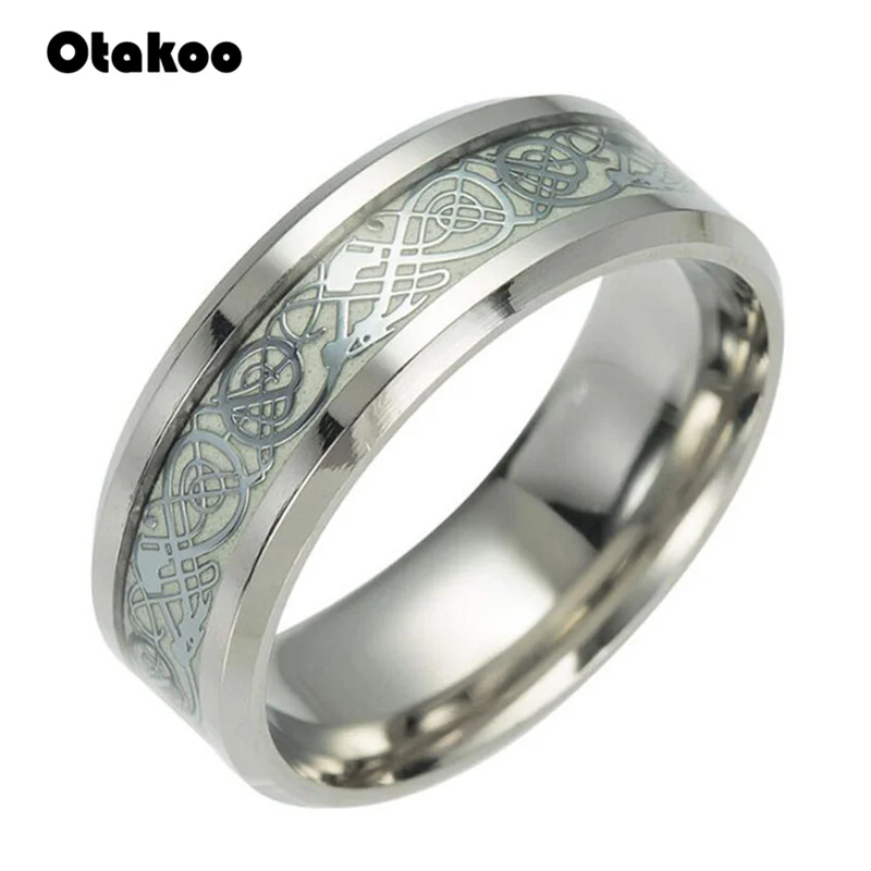 Otakoo Светящиеся серебряные кольца с инкрустацией темно-Золотого Дракона на
