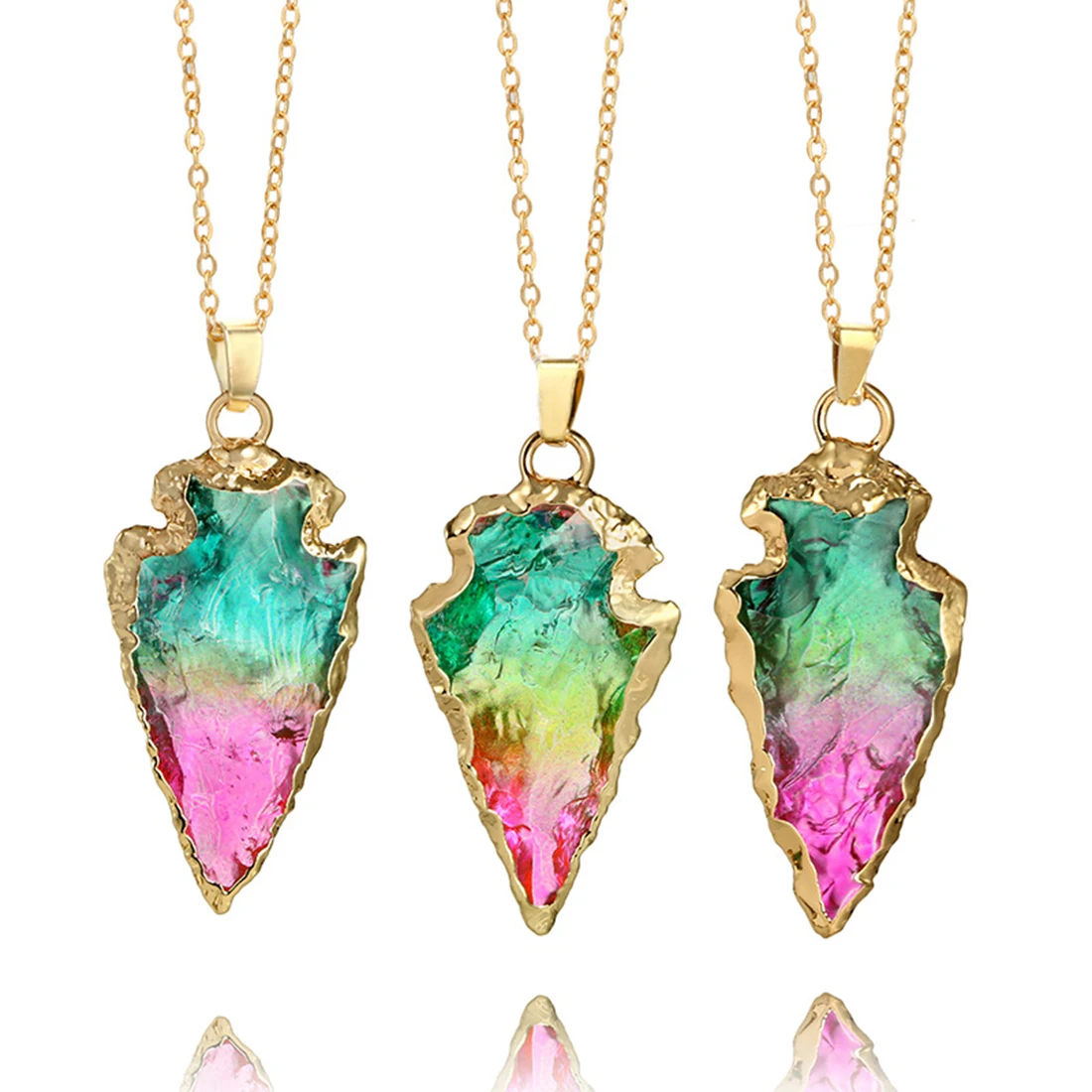 Random Arrowhead Shape Colorful Nature Stone Gold Chain Necklace for Women Fashion Jewelry | Украшения и аксессуары