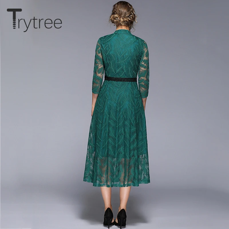 Trytree летнее осеннее однотонное зеленое платье кружевное полиэфирное