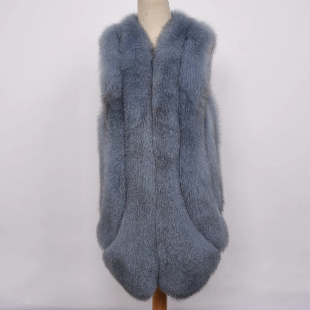 Light Blue Новое поступление зимние теплые натуральный мех длинные жилеты Для женщин натуральным лисьим мехом жилет роскошный пушистый S7429 - Цвет: Light Blue