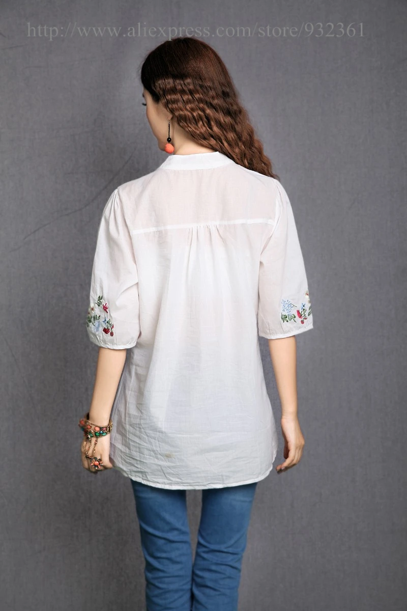 Винтажная женская блузка с цветочной вышивкой хлопковая рубашка топ Женские