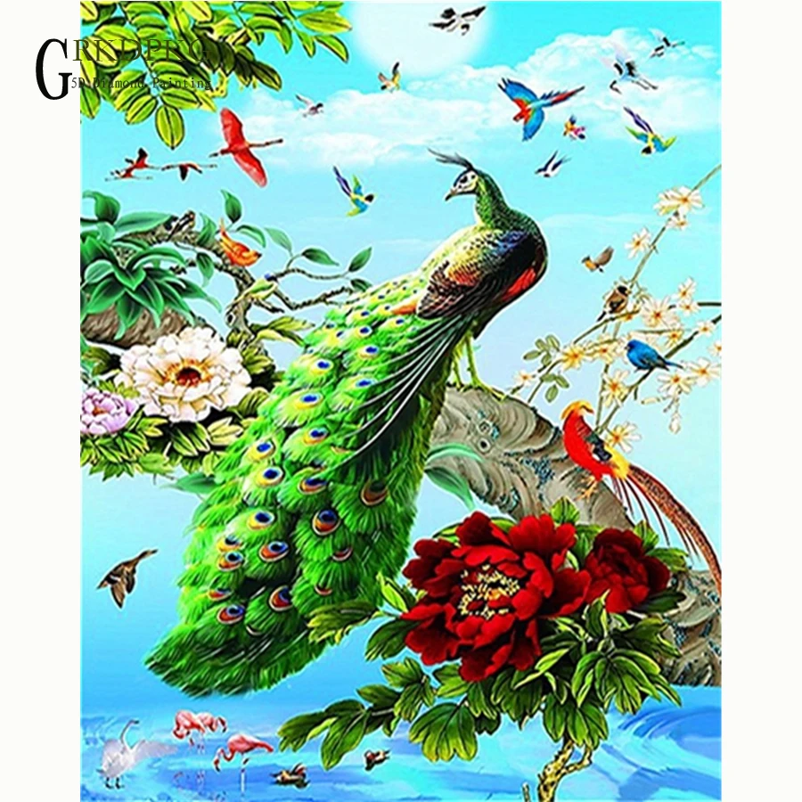 5D DIY diamond painting Green peacock ima full square embroidery Cross stitch pictures of rhinestones Wedding decoration | Дом и сад
