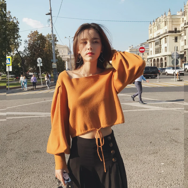 2019 MISHOW Autumn vintage Knitted sweater for women fashion causal Square collar Lantern sleeve short tops MX18C5196 | Женская одежда