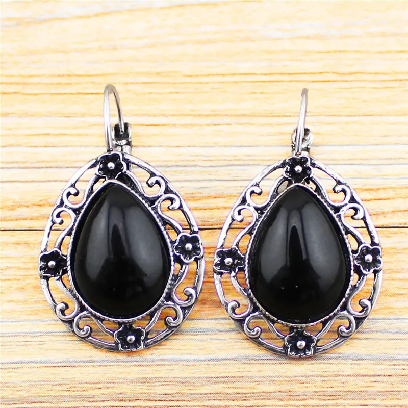 Полые цветок Drop черный камень комплект ювелирных изделий Цепочки и ожерелья