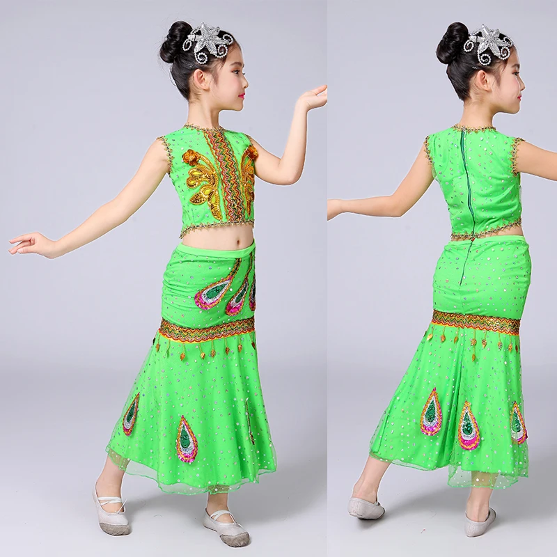 Детский зеленый костюм для девочки одежда китайских танцев танцевальное платье