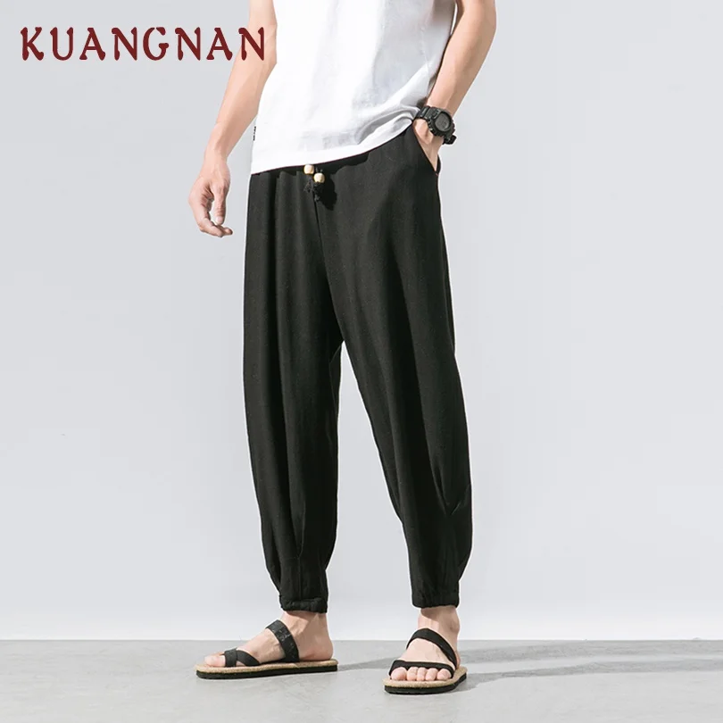 Black KUANGNAN, китайский стиль, однотонные хлопковые льняные брюки, мужские брюки, хип-хоп штаны для бега, мужские спортивные штаны, уличная одежда, мужские штаны, новинка - Цвет: Black
