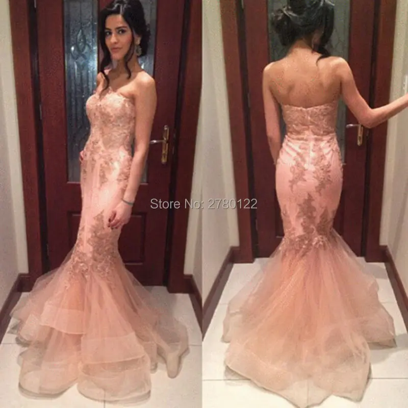 

Pink Sweetheart Tulle Mermaid Prom Dresses Lace Applique Beading Backless Sweep Train Floor Length Formal Gowns vestido de festa