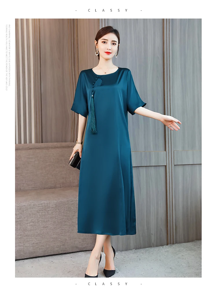 Летнее женское платье, Свободное длинное шелковое платье в национальном стиле, элегантное однотонное Повседневное платье с коротким рукавом Vestidos