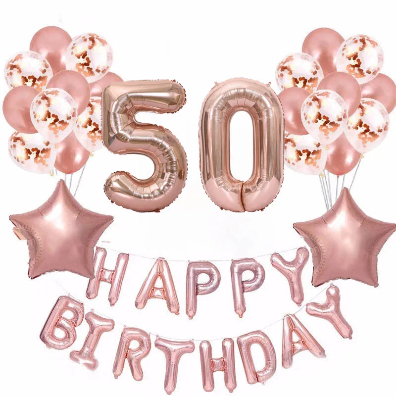 37pcs/lot 18 21 30 50 60th Happy Birthday Balls Rose Gold Star Confetti 40inch Number Foil Balloon Party Decor Supplies | Дом и сад