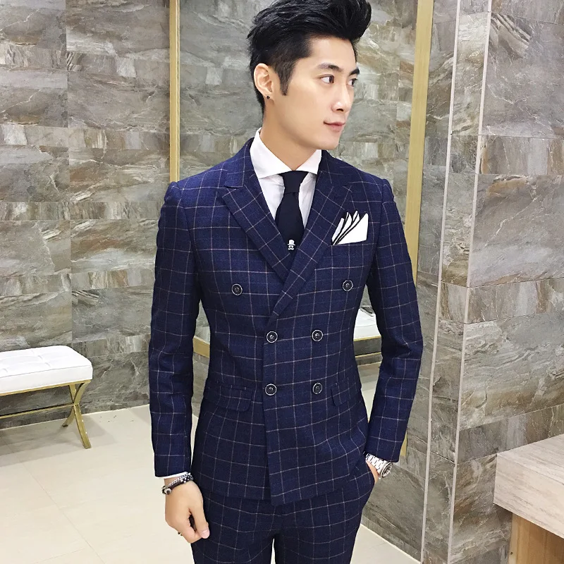 

Mens Slim British Style Wedding Groom Suit Costume Double Boutonnage Homme Plaid Printed Jacket Vest Trousers 3-piece Sets
