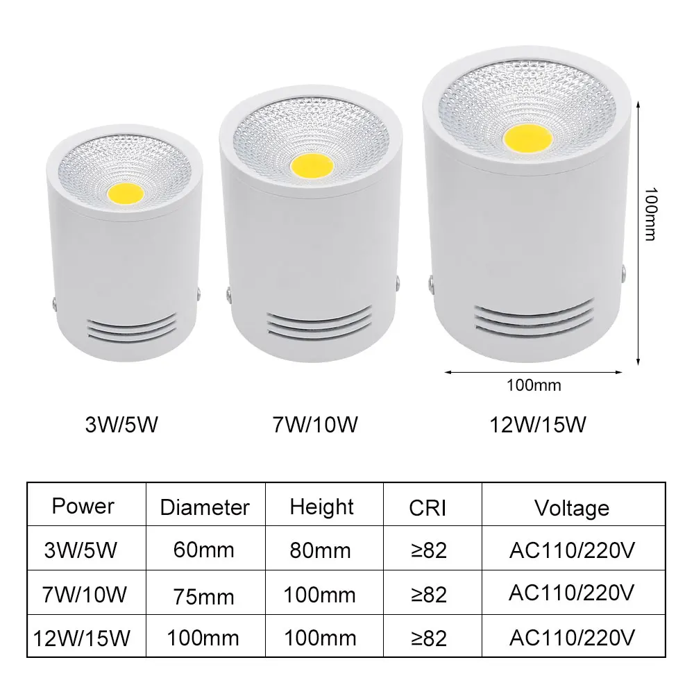 DBF-Lámpara LED de techo montada en superficie, con cable colgante, 3W/5W/7W/10W/12W/15W, foco de techo blanco/Negro, AC85-265V, decoración del hogar