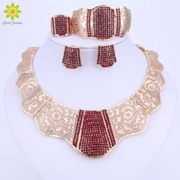 new fashion gold color wedding jewelry sets red crystal choker necklace earrings bracelet ring set bridal jewelry set