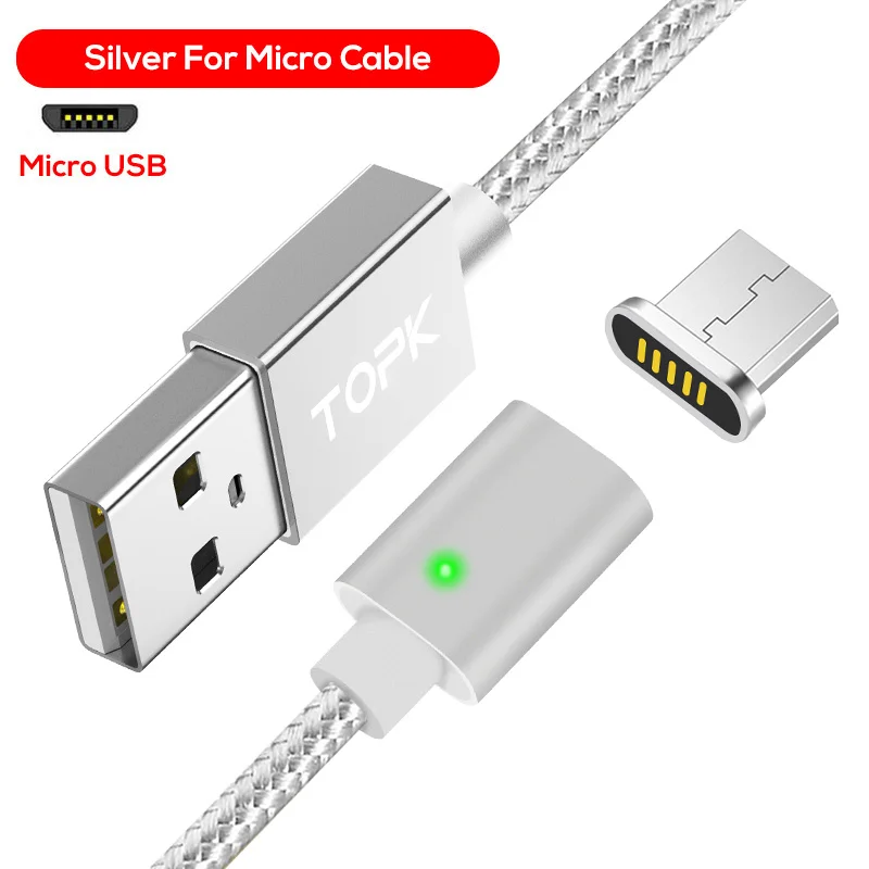 Silver Cable TOPK F-Line1 Магнитный Micro USB кабель со светодиодным индикатором обновленный нейлоновый плетеный кабель для синхронизации данных USB зарядный кабель для Micro USB порта - Цвет: Silver Cable