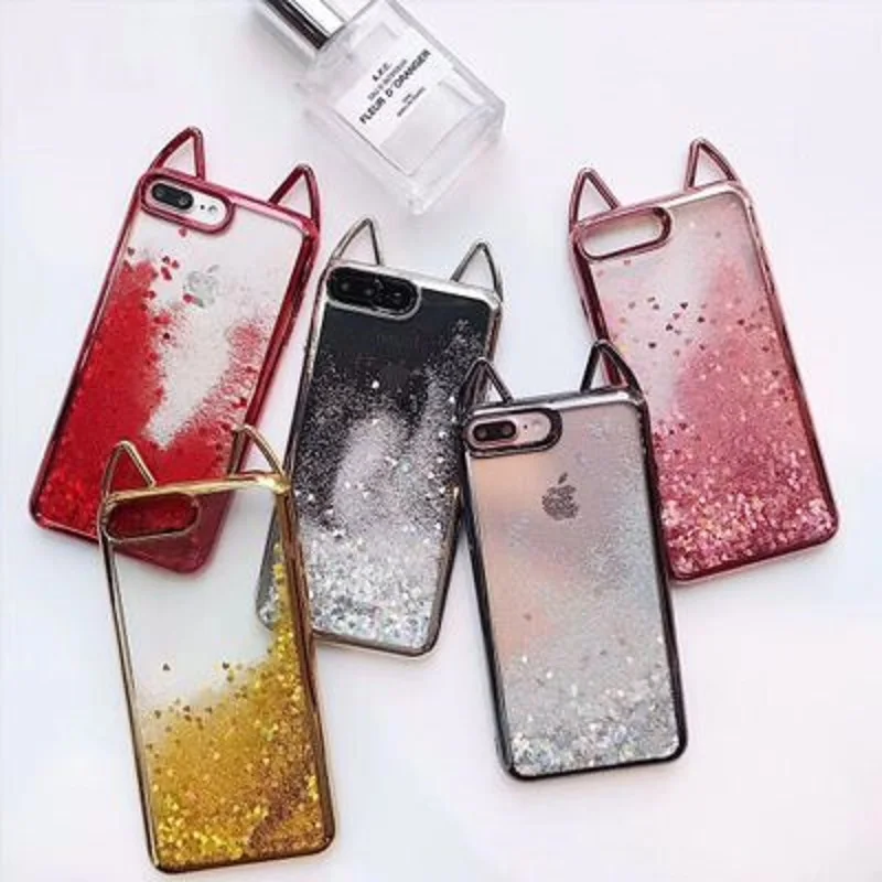 Оригинальный жидкий чехол для iPhone X 8 7 6 S Plus с розовыми кошачьими ушками красные