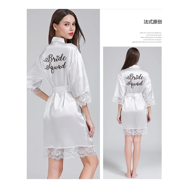 White Bride Squad Кружевное Сексуальное Женское ночное белье плюс размер свадебное кимоно атласное шелковое женское халаты подружек невесты персонализированное имя - Цвет: White Bride Squad