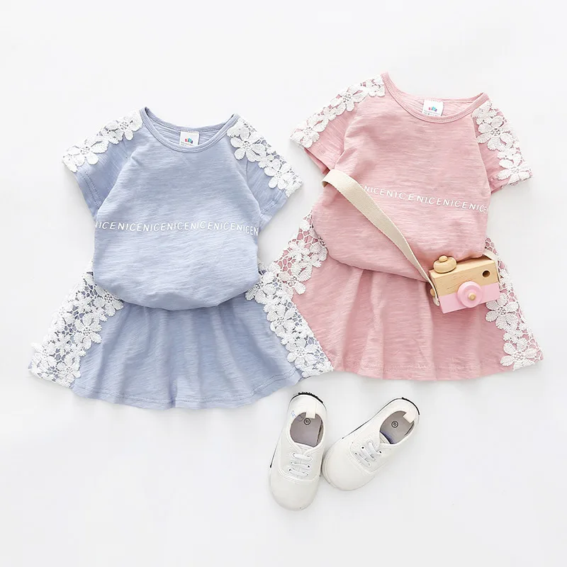 

Toddler Girls Summer Clothing Set Girls Soft Lace Flowers Kids Suit Children Alphabet Print T-shirt Skirt Two-piece Kids Outfits