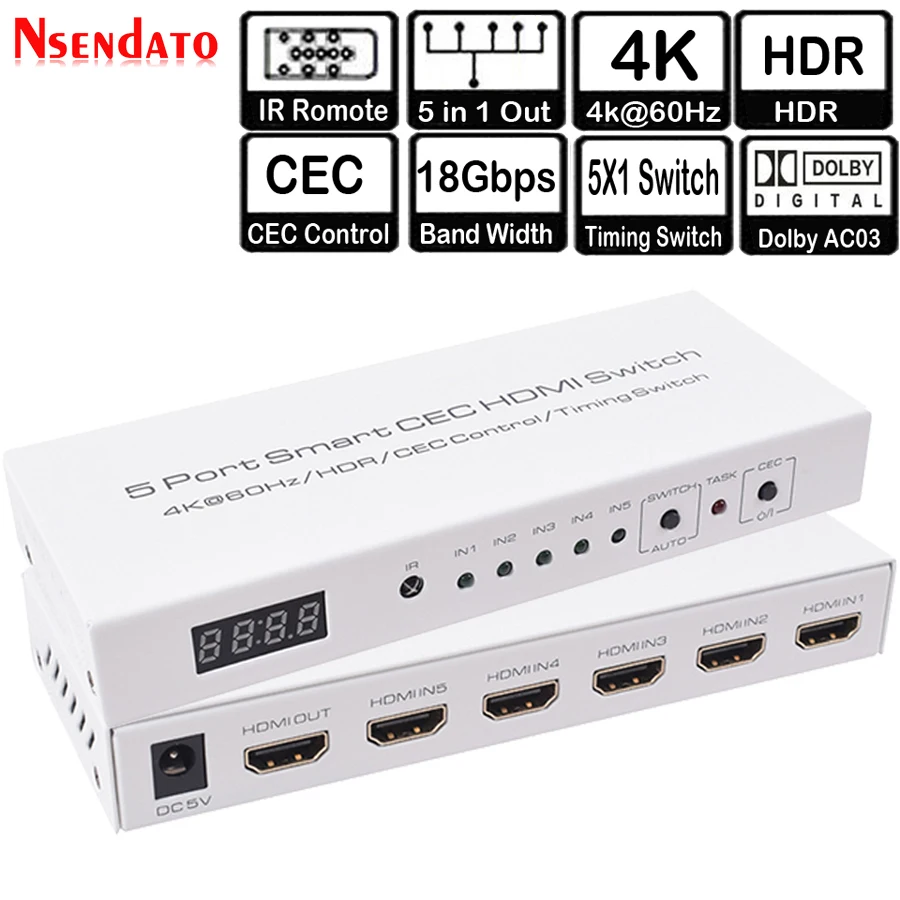 4K * 2k 5 в 1 выход HDR HDMI адаптер переключатель портов Smart CEC таймер с IR Romote для Dolby DTS HD