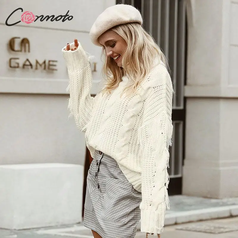 Conmoto Однотонные тёмно-серые свитеры, сексуальный свободный свитер с кисточками, вязаные пуловеры и джемперы, зима