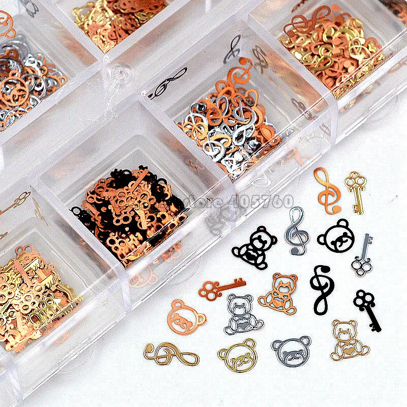 

Mix 3 Colors 4 Shapes Bear Key Music Note Pattern Metal Sequin Nail Art Rhinestones Slice Decorations DIY Salon Tip3#