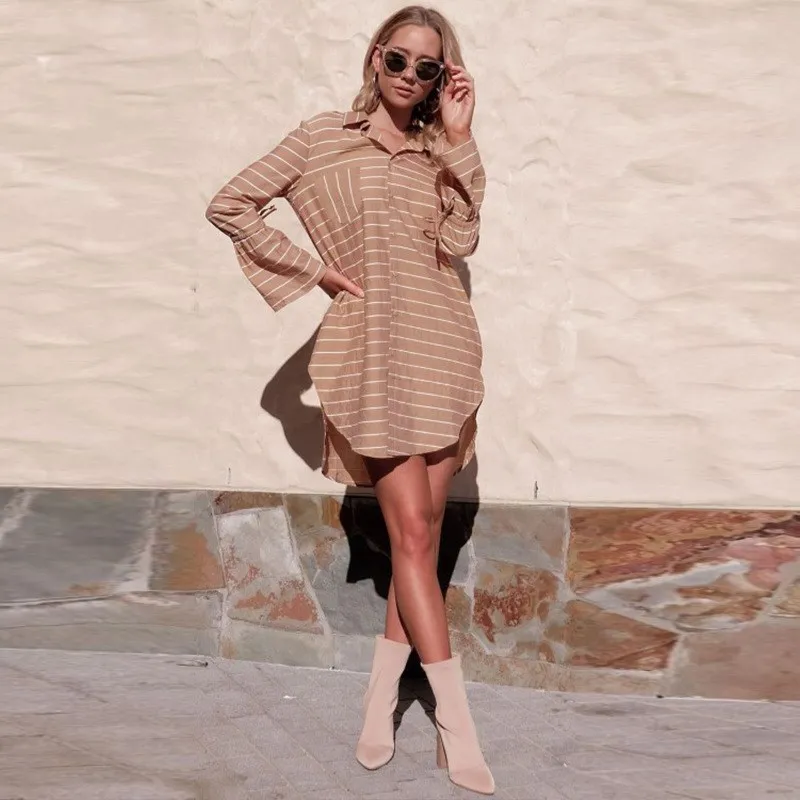 Womens Stripe Shirts Blouse Tops Casual 2018 Autumn Loose Lace-up High Low Long Ladies Sleeve Work |