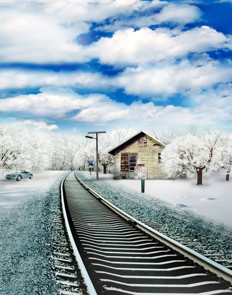 

Blue Sky White Cloud Winter Snow Tree Railway Photography Backdrops Photo Props Studio Background 5x7ft